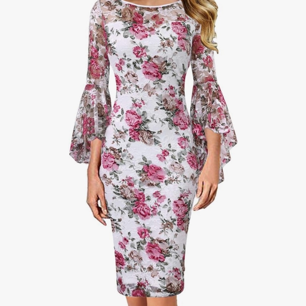 Off White Pink Floral Lace Print Ruffle Lace Bell Sleeve dress